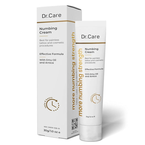 Dr. Care Numbing Cream 30g tube and box, 5% lidocaine for tattoos and cosmetic procedures