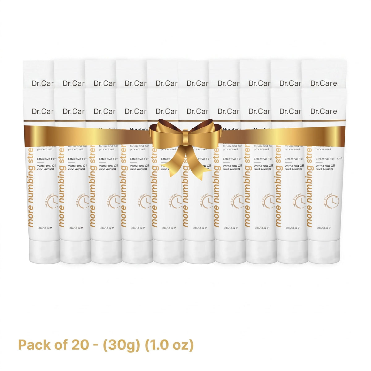 Twenty 30g tubes of Dr. Care Numbing Cream tied with a gold ribbon, the pay for 10 get 10 free option