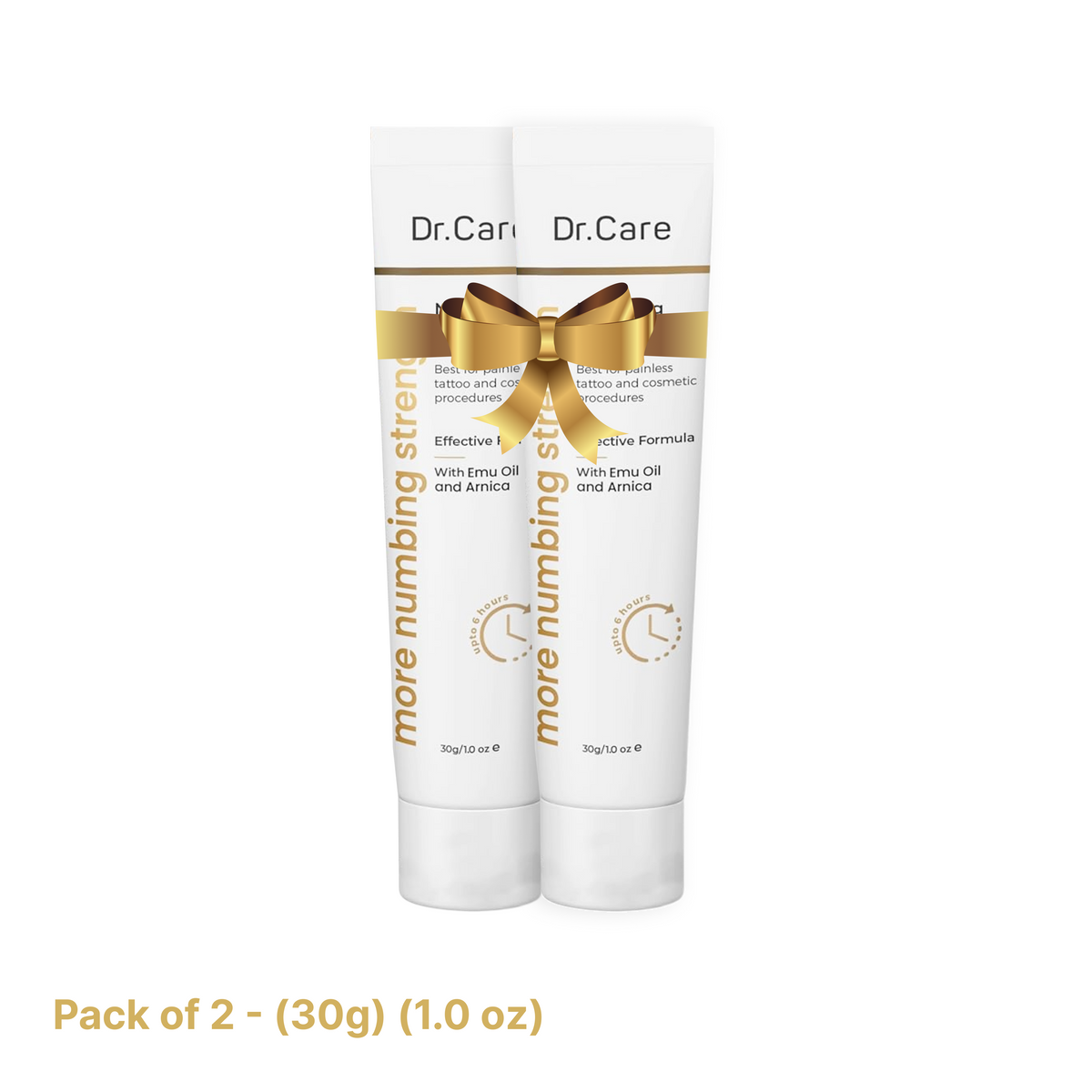 Two 30g tubes of Dr. Care Numbing Cream tied with a gold ribbon, the pay for 1 get 1 free option